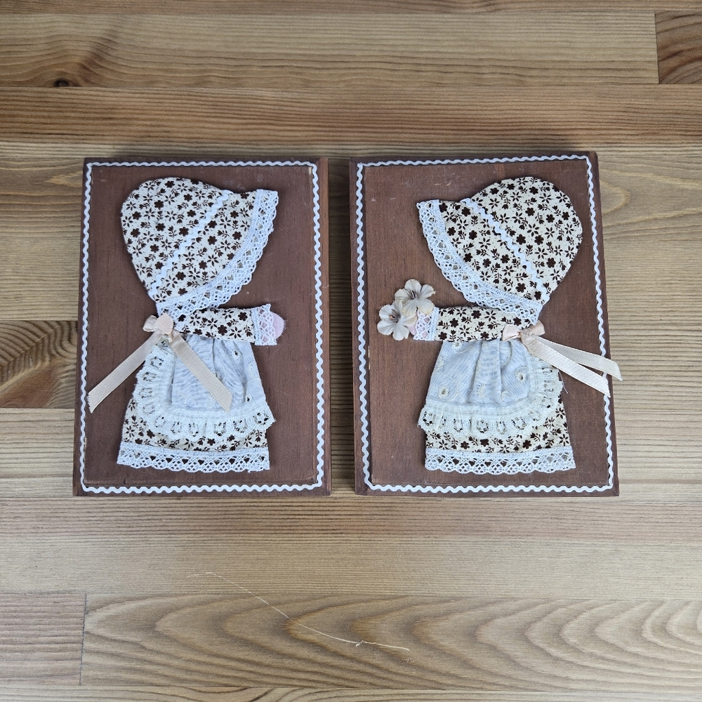 Vintage Holly Hobbie Fabric  Wooden Wall Art Cottage 80s Lot of 2 Pcs